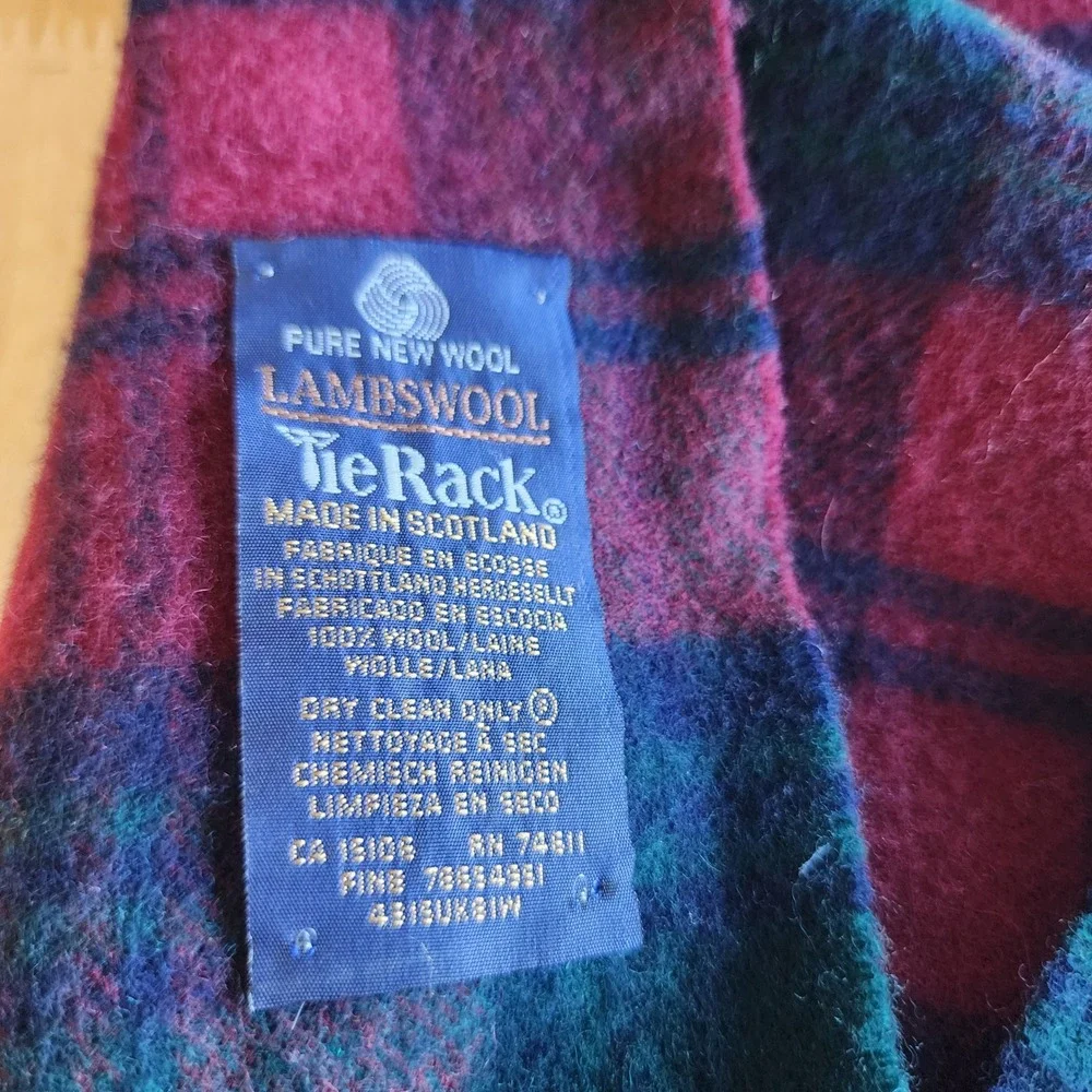 Tie Rack Scotland Lambswool Scarf Plaid Burgundy Navy Green Fringed Made in UK